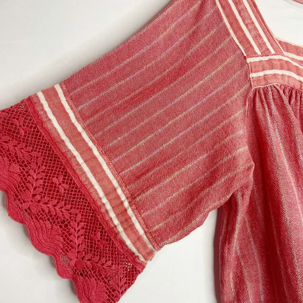 Free People See Saw Red Striped Raw Hem Top Sz Small